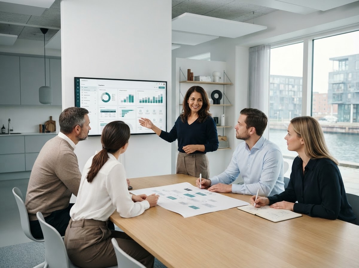 Fastgarantik analytikerteam der gennemgår modeloutput og risikoparametre